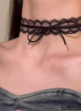 黑色蝴蝶结纯欲甜心choker脖子配饰女甜美蕾丝项圈叠戴颈带