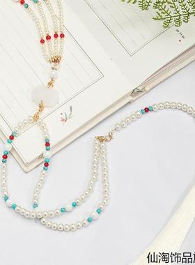 国风马面裙配饰景泰蓝蝴蝶明制立领长流苏软璎珞长款珍珠汉服项链