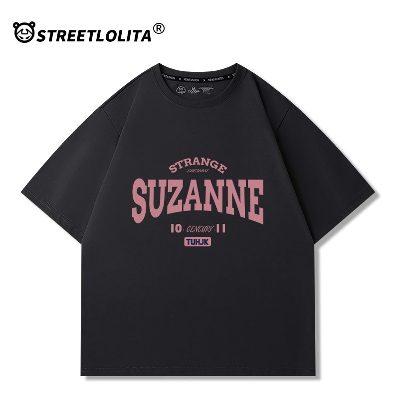 黑粉色短袖t恤女夏季2024新款甜酷风宽松圆领显瘦纯棉半袖上衣女-图2