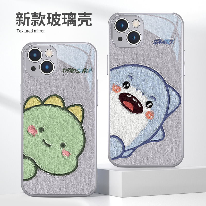 适用苹果15promax手机壳小鲨鱼iPhone13新款14可爱12mini恐龙xsmax情侣11油画风8plus简约7p女款xs玻璃se3/xr - 图0