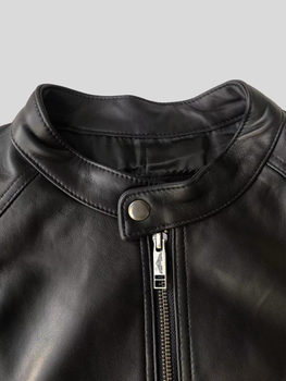 Luxury Lane ຫນັງແທ້ຂອງຜູ້ຊາຍ Jacket Stand Collar ຊັ້ນສູງ Sheepskin ລົດຈັກ Jacket ຫນັງດ່ຽວ