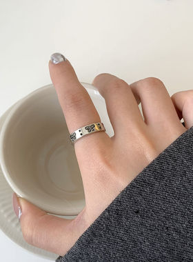 ins风韩国简约轻奢黑色蝴蝶戒指女复古做旧小众设计感开口可调节