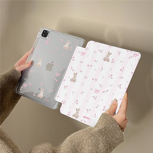 粉色碎花卡通兔子Y+三折适用ipad11保护套air7/6新款ipad10带笔槽11寸防摔10.2/10.9苹果平板保护套mini7女款 - 图1