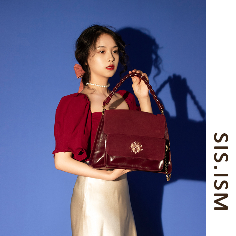 SISISM姐妹主义车厘子色软皮子母包真皮单肩斜挎包大容量手提婚包
