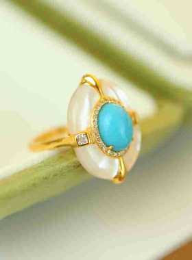 S925银镀18K金白贝天然绿松石四爪蛋面戒指个性小众复古轻奢