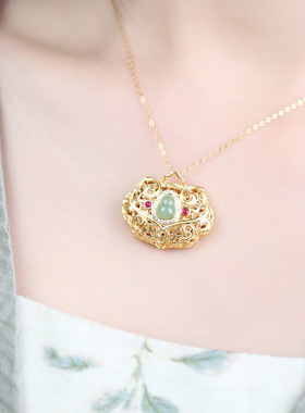 S925纯银镀18K金南红碧玉吊坠葫芦如意嘎乌盒吊坠高级时尚新中式