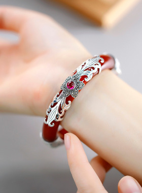 S925纯银镶玛瑙手镯开口戒指母亲节节日复古个性典雅精致