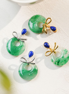 S925银镀18K金非洲翠蝴蝶结平安扣镀金镶嵌青金石扣头吊坠小众