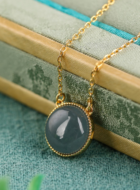 S925纯银镀18K金镶蓝水翡翠圆形蛋面项链精致典雅时尚复古
