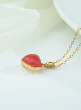 S925银镀18k金南红白贝爱心双面可佩戴小清新甜美时尚公主风吊坠