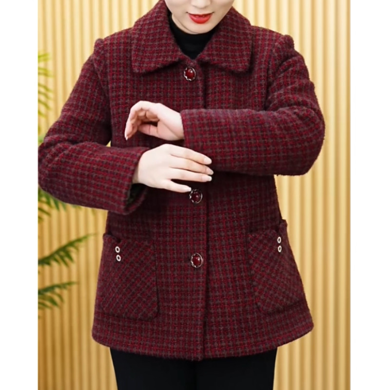 中老年秋冬妈妈装奶奶装金雕绒加厚格子外套加绒保暖方领宽松上衣