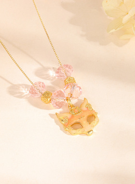 s925纯银桃花狐狸面具项链女粉色滴胶甜美少女风招桃花国潮锁骨链