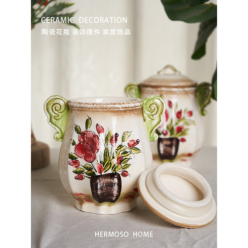 HERMOSO 复古美式花瓶摆件陶瓷客厅插花家居饰品陶罐餐桌装饰品旧 - 图2