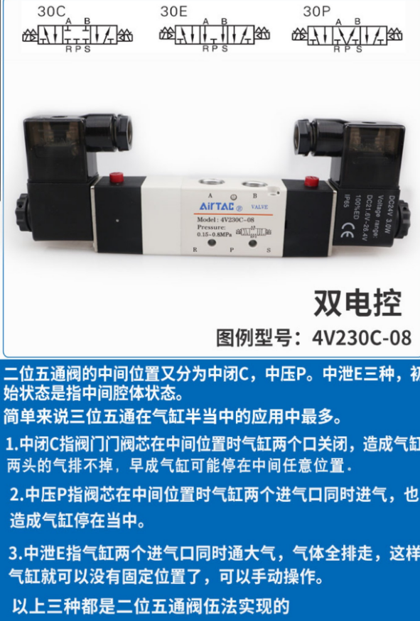 亚德客电磁阀三位五通4V230C084V130C06 4V330C104V430C15 - 图0