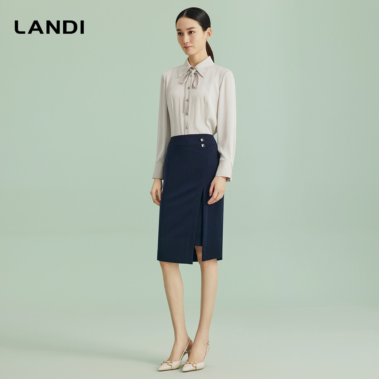 LANDI藏蓝色知性气质半身裙女职业感高腰半裙春新品,淘宝优惠券,粉丝福利购,淘宝优惠卷