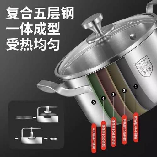不锈钢汤锅316食品级加厚无涂层煮粥锅蒸锅双耳燃气灶电磁炉专用 - 图1