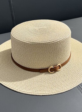 大头围平顶草帽子女夏季海边沙滩旅游大号大码法式礼帽防晒遮阳帽