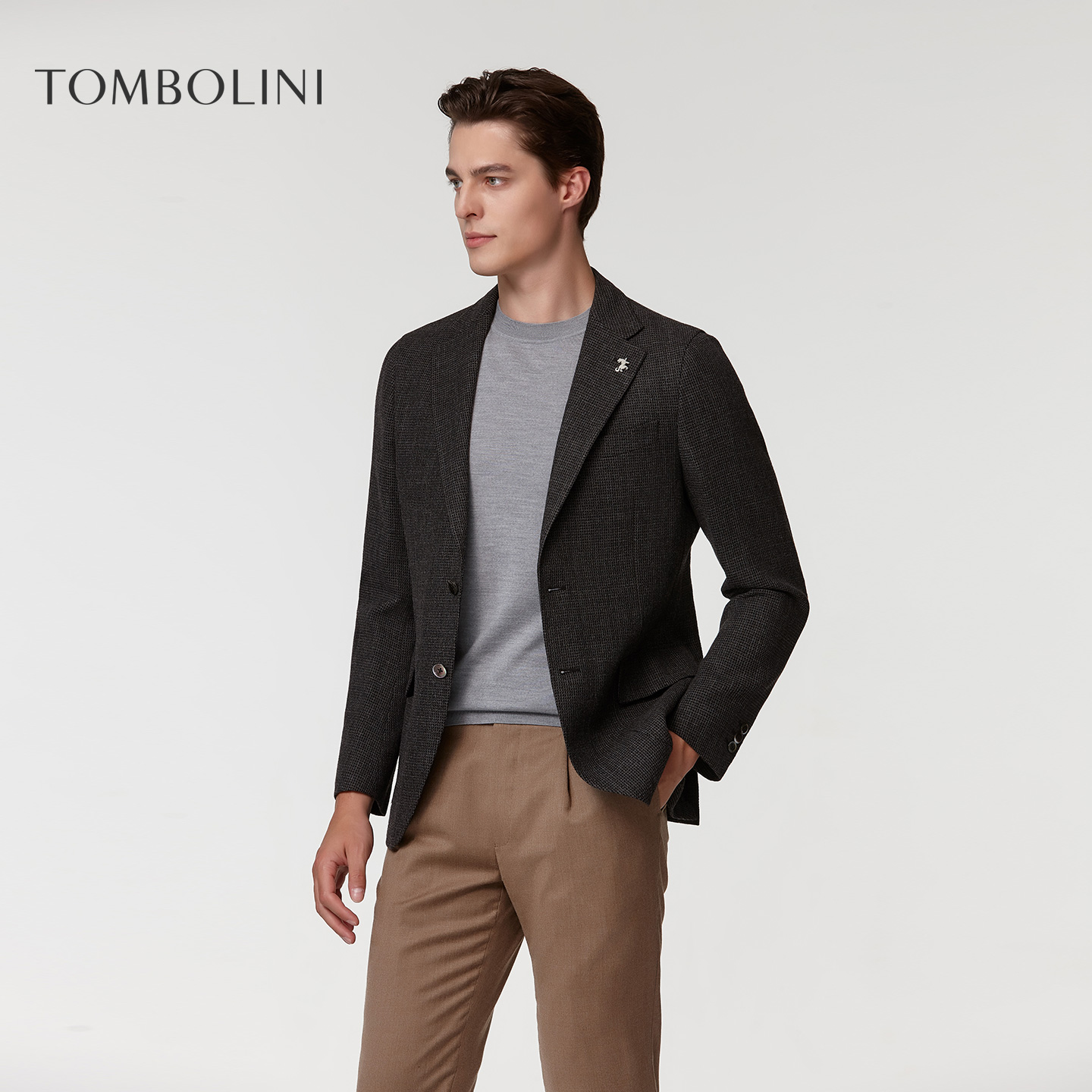 TOMBOLINI/东博利尼深灰色休闲西服男士秋季格子羊毛西装外套修身 - 图1