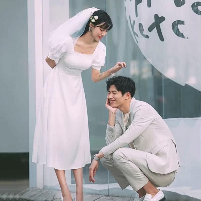 法式轻婚纱缎面学生日女简约连衣裙 花淑婉礼服/晚装