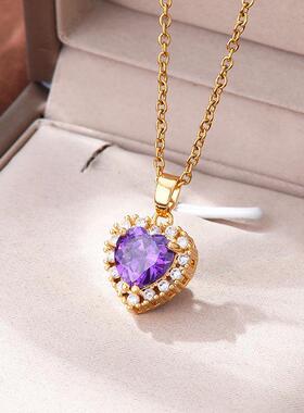 紫锆爱心钛钢海洋之心项链