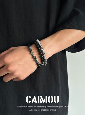 CAIMOU暗黑十字套装钛钢手链男女款手工气质百搭情侣小众磨砂手饰