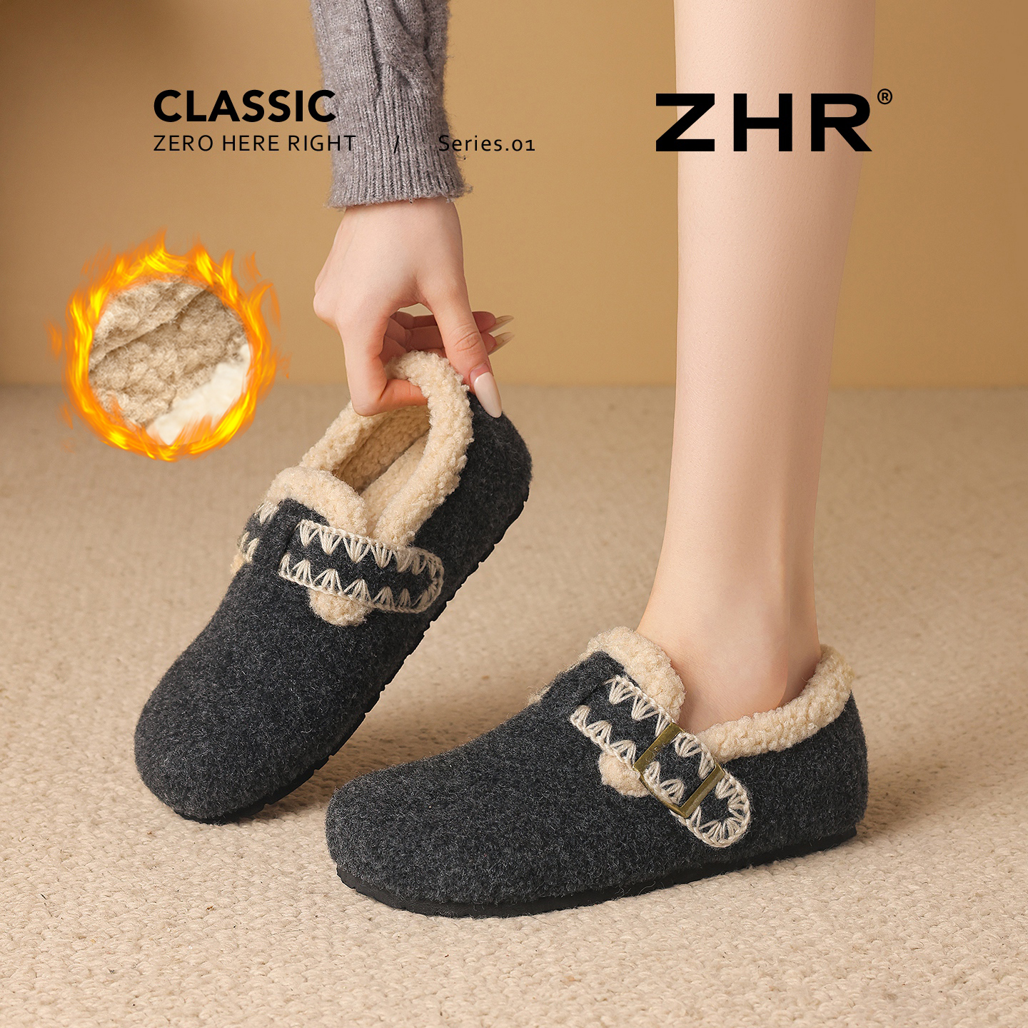 加绒勃肯鞋女2025冬新款复古保暖一脚蹬毛毛棉鞋增高灰色全包单鞋 - 图0