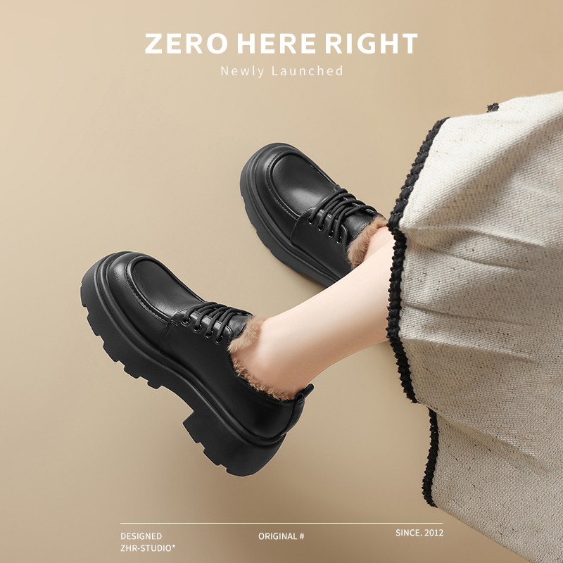 厚底加绒乐福鞋女2025秋冬新款保暖加厚棉鞋增高系带黑色粗跟皮鞋 - 图3