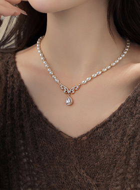 古婷金色蝴蝶锆石珍珠项链高级感