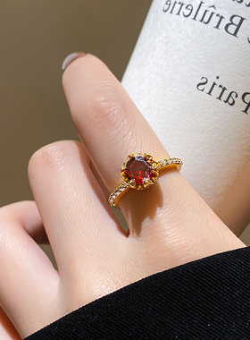 古婷红色锆石沙金开口戒指高级感