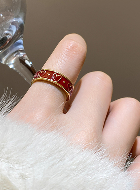 古婷红色爱心开口戒指高级感