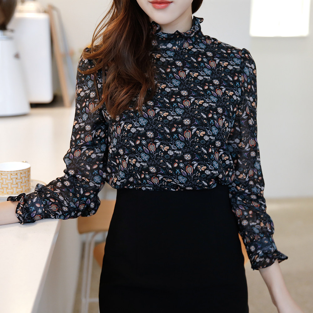 碎花雪纺女2020秋装新款长袖衬衫 阔岩蕾丝衫/雪纺衫