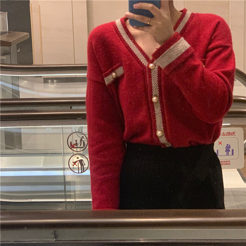 车厘子红色毛衣女外套气质短款开衫 黎凡奈毛针织衫