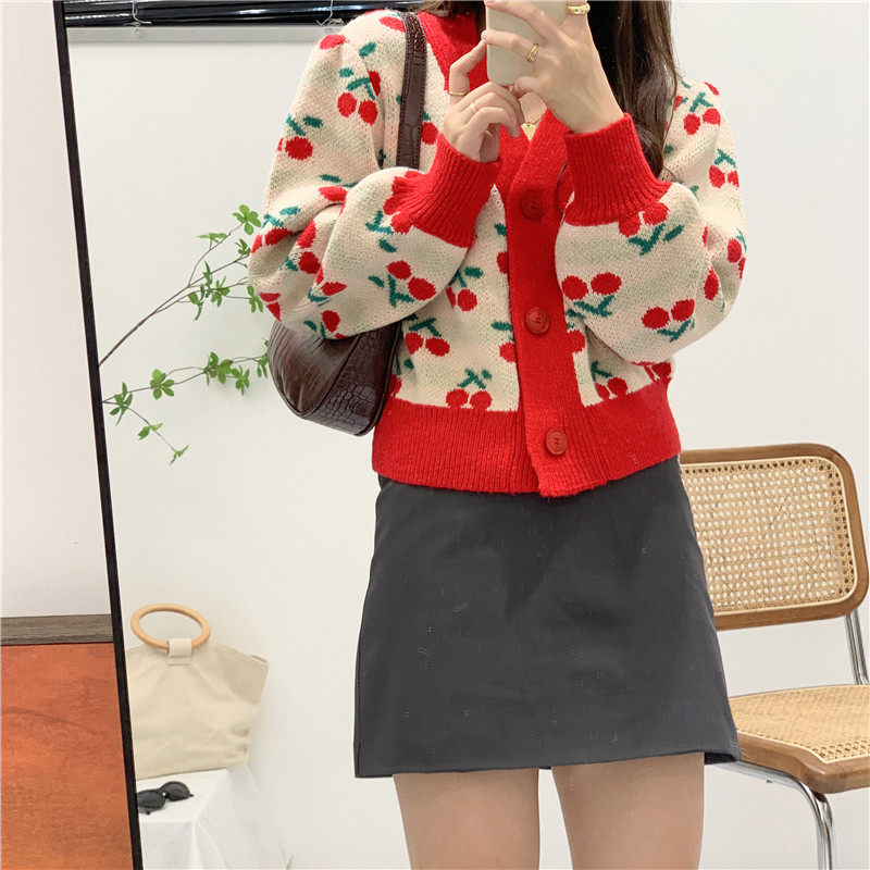 韩版提花小樱桃灯笼袖针织开衫毛衣 黎凡奈毛针织衫