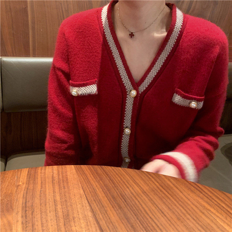 车厘子红色毛衣女外套气质短款开衫 黎凡奈毛针织衫