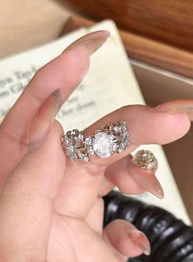 Vintage复古法式鸢尾花鸽子蛋戒指轻奢重工满钻指环2025新款爆款