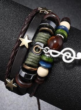 甄选新款饰品简约多层串珠皮革手链个性音符吊坠手环音乐节配饰