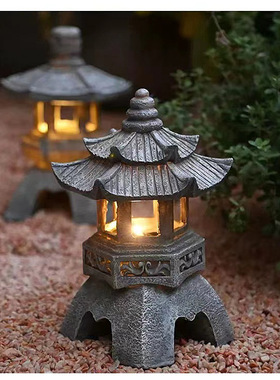 户外太阳能日式石塔宫灯花园庭院装饰别墅摆件景观灯太阳能庭院灯