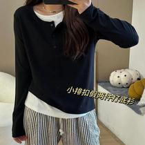 Autumn Winter Volleyball Buckle Loose Black & White Collision Long Sleeve Fake two T-shirt Belly Blouse Blouse Women Plus Suede Inner Hitch