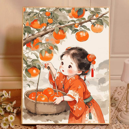 5d带框玄关钻石画柿柿如意满钻2026新款客厅粘钻石十字绣卡通女孩 - 图0