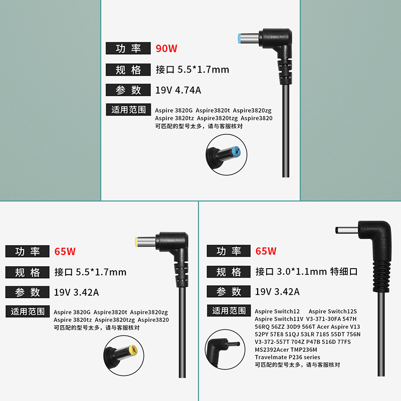 Acer宏基笔记本充电器19v3.42A4.74A电源线65W90W宏碁电脑电源适配器原装正品通用4741g4820t E1-471 4750g - 图2