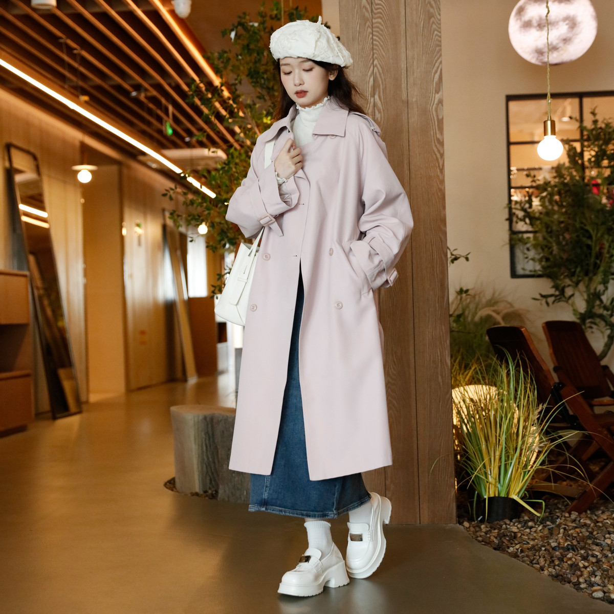 西町村屋外套女秋新款翻领收腰系带长款气质感简约风衣HC8201298,淘宝优惠券,粉丝福利购,淘宝优惠卷