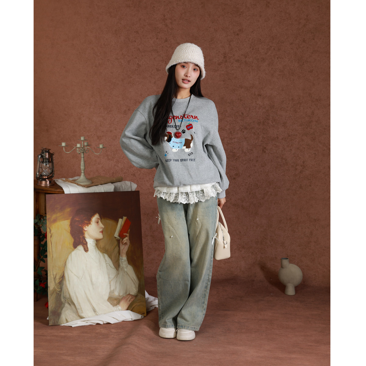 西町村屋趣味小狗毛巾绣花卫衣女春季新款休闲圆领上衣XAAA10146,淘宝优惠券,粉丝福利购,淘宝优惠卷