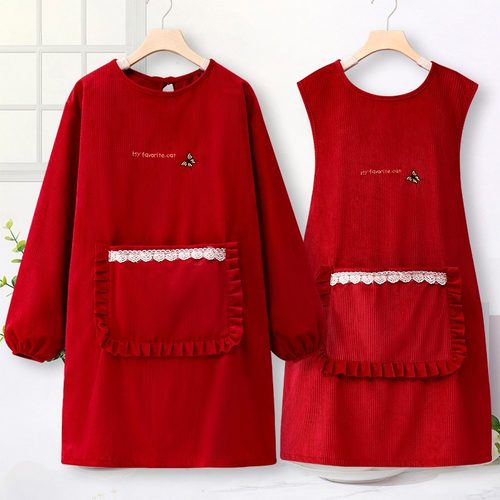 韩版时尚新款厨房做饭围裙灯芯绒耐磨上班工作服餐饮专用罩衣长袖 - 图0