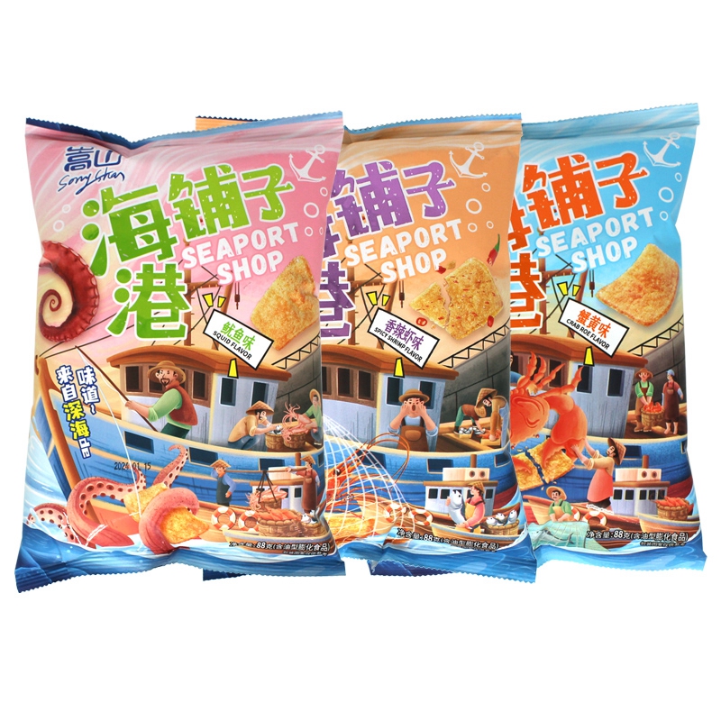 嵩山海港铺子锅巴膨化休闲食品鱿鱼味香辣虾味蟹黄味解馋小吃零食 - 图0