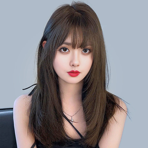 假发女长发直发锁骨头套式仿真人发丝自然圆脸中长发全头套假发套 - 图0