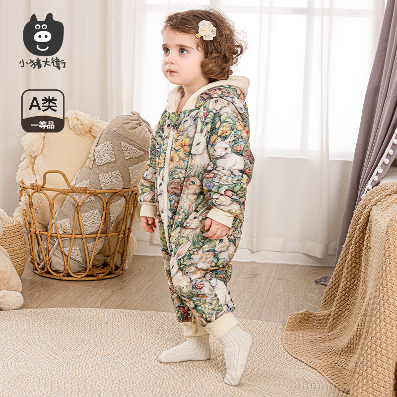 小猪大卫婴幼儿连体棉服加厚加绒新生儿爬爬服连帽卡通保暖爬行服