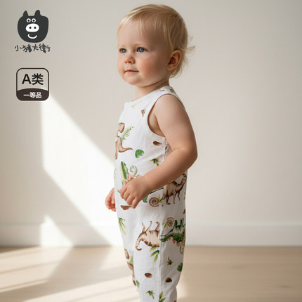 小猪大卫新生婴儿短袖连体衣夏季100%棉A类男女宝宝偏开爬服睡衣