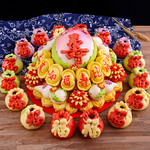 寿桃馒头生日老人中式蛋糕贺寿礼品祝寿馒头胶东花饽饽花馍礼盒 - 图0