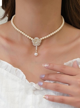 山茶花项链简约小众珍珠颈链女夏小清新吊坠项链花朵锁骨链发百搭