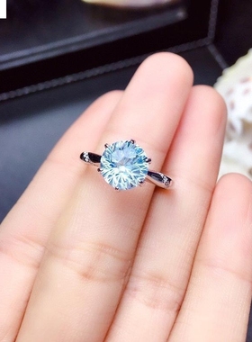 仿天然烟花切工天空蓝托帕石戒指超闪 2克拉精工女款开口戒指百搭